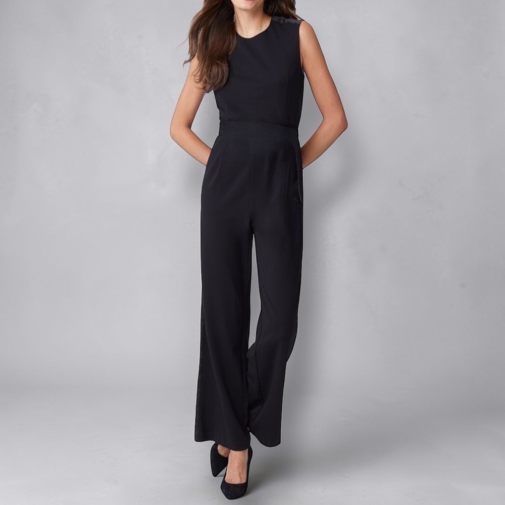 J. McLaughlin NWT Farrah Jumpsuit Black Satin Tuxedo Stripe 14 Formal Minimalist
